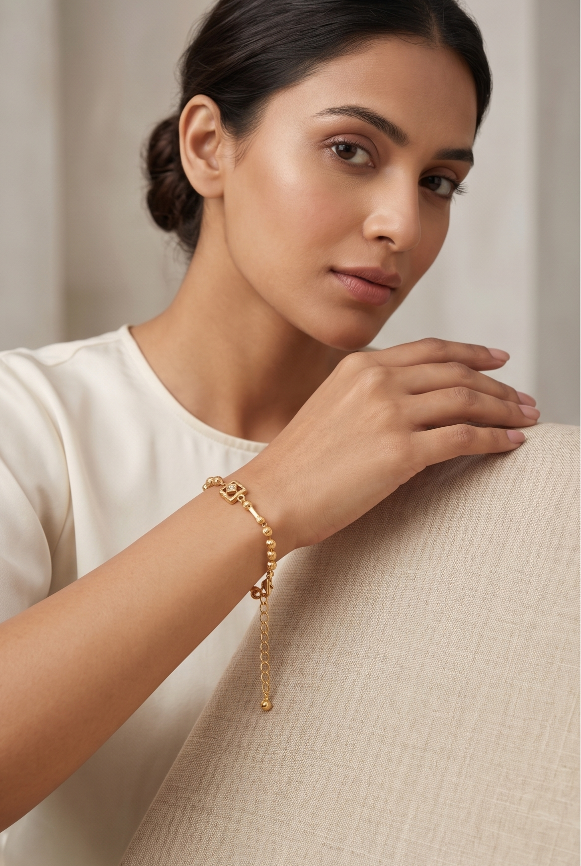 Gold-Plated Beaded Charm Bracelet with Geometric Motif
