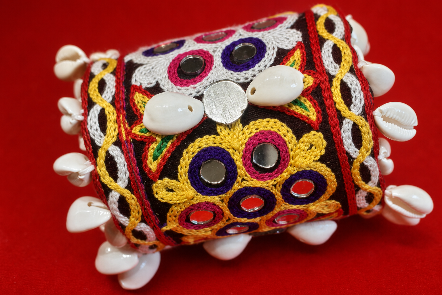 Handcrafted Kutchi Embroidered Cuff Bracelet with Shisha Mirrorwork & Cowrie Shell Edging