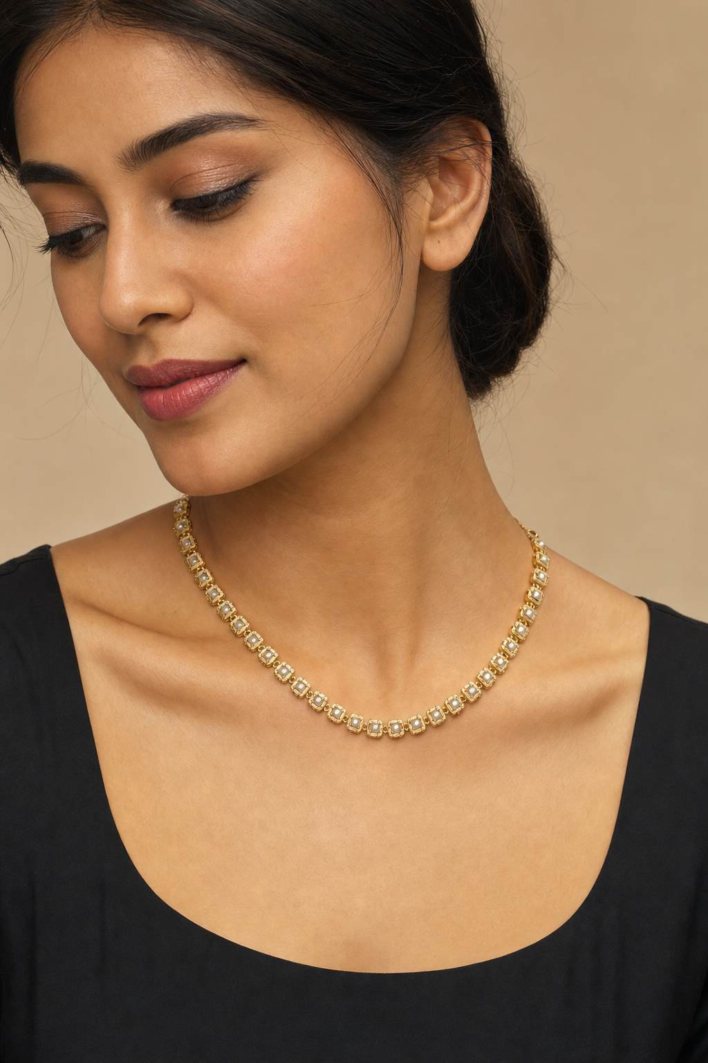 Timeless Gold-Plated & Faux Pearl Geometric Link Collar Necklace