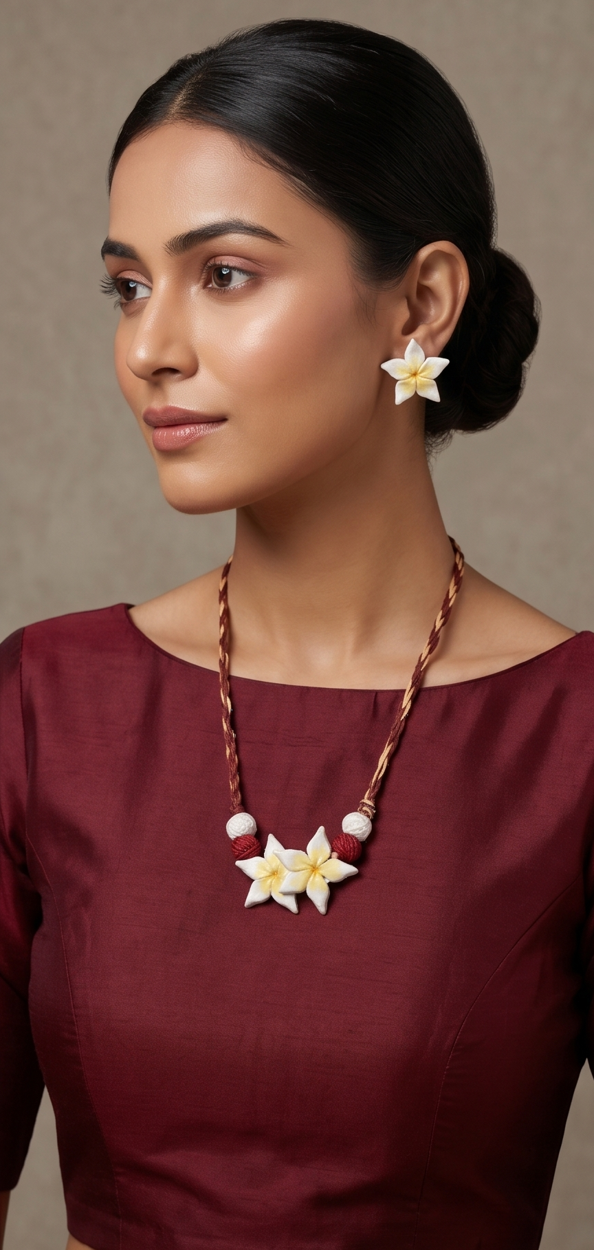 Handcrafted Plumeria Clay Floral Necklace Set with Stud Earrings