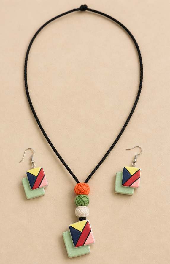 Handcrafted Geometric Color-Blocked Clay Necklace Set with Yarn-Wrapped Beads