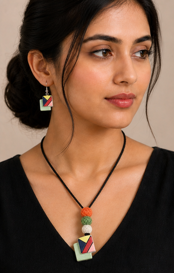 Handcrafted Geometric Color-Blocked Clay Necklace Set with Yarn-Wrapped Beads