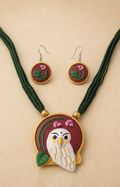 Handcrafted Hand-Painted Owl & Lotus Clay Necklace Set with Thread Strands