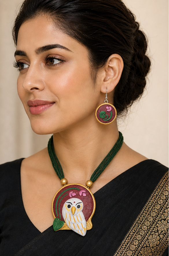 Handcrafted Hand-Painted Owl & Lotus Clay Necklace Set with Thread Strands