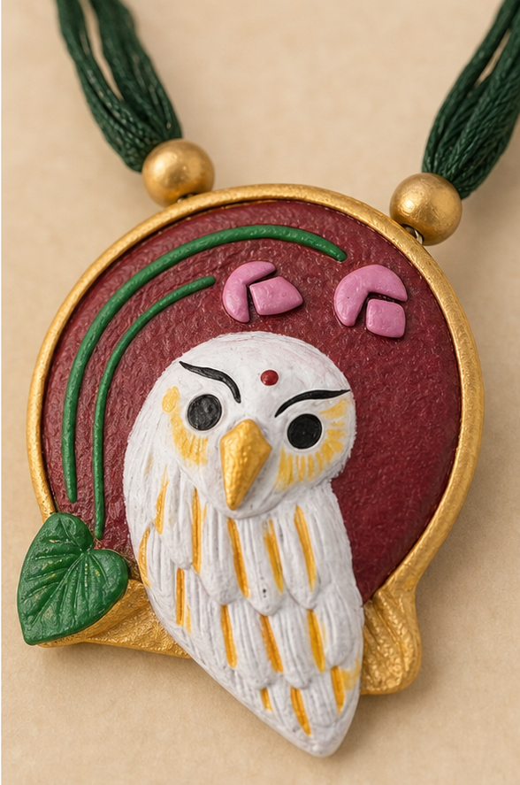 Handcrafted Hand-Painted Owl & Lotus Clay Necklace Set with Thread Strands