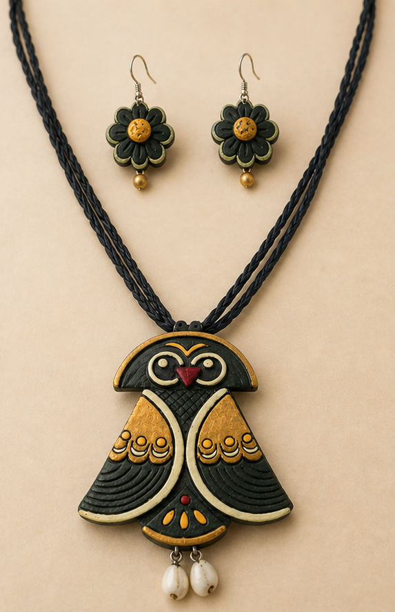 Handcrafted Hand-Painted Black & Gold Owl Clay Necklace Set with Dangle Earrings