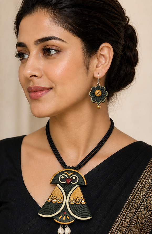 Handcrafted Hand-Painted Black & Gold Owl Clay Necklace Set with Dangle Earrings