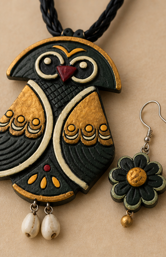 Handcrafted Hand-Painted Black & Gold Owl Clay Necklace Set with Dangle Earrings