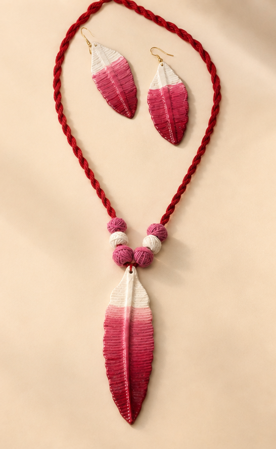 Handcrafted Terracotta Feather Ombré Necklace and Earrings Set