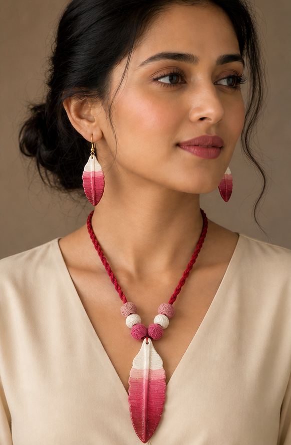 Handcrafted Terracotta Feather Ombré Necklace and Earrings Set