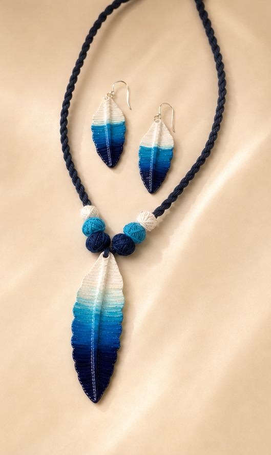 Handcrafted Terracotta Feather Ombré Necklace and Earrings Set