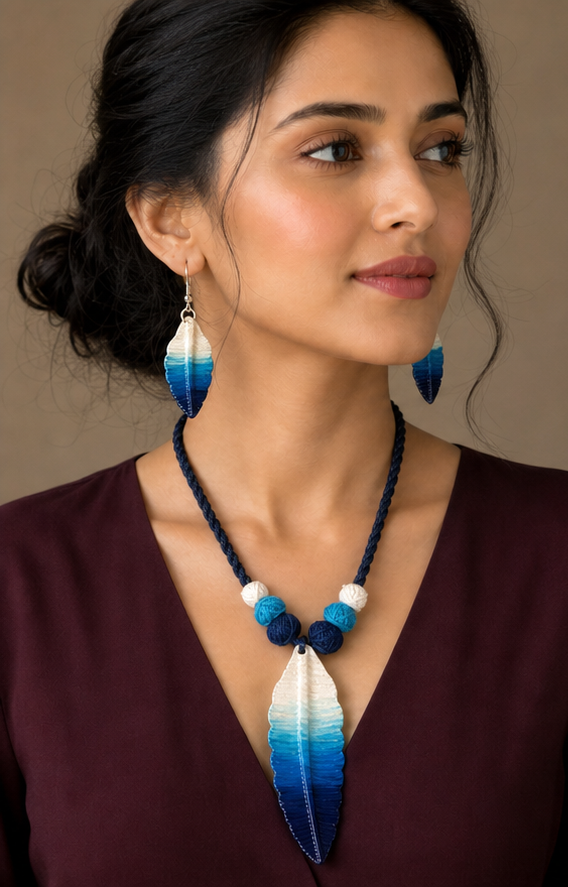 Handcrafted Terracotta Feather Ombré Necklace and Earrings Set