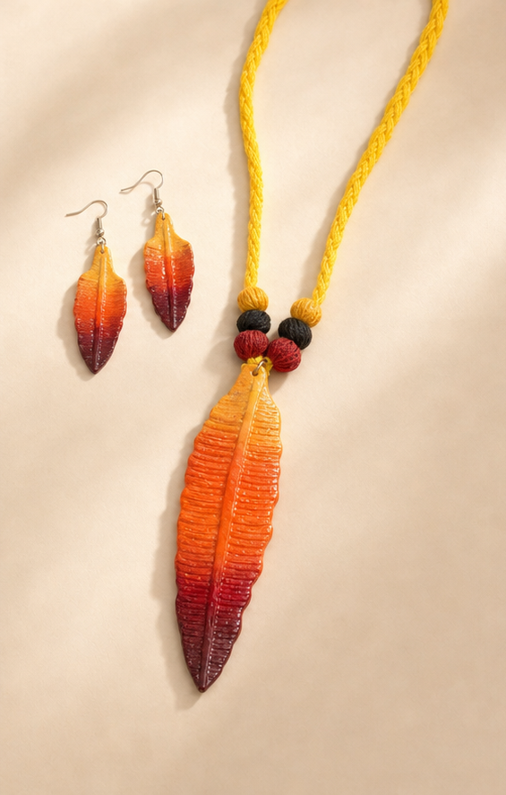 Handcrafted Terracotta Feather Ombré Necklace and Earrings Set