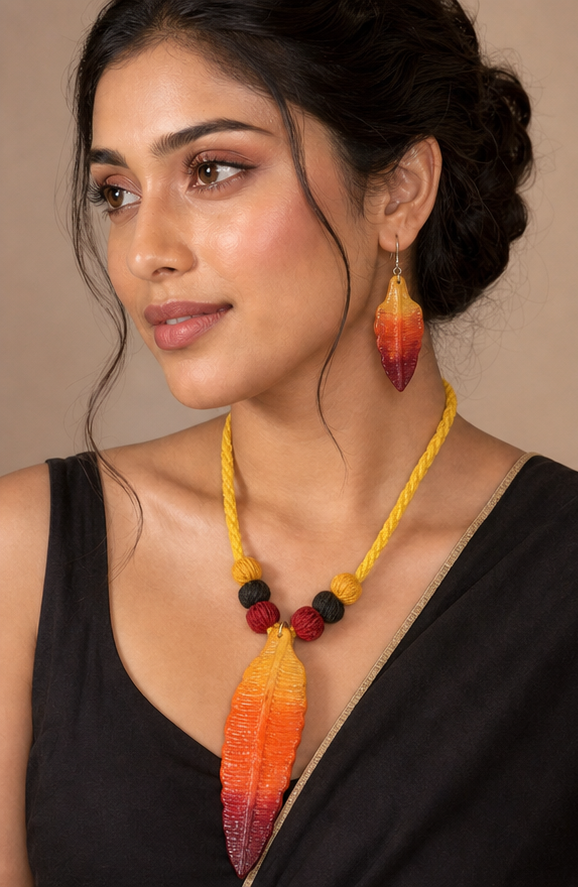 Handcrafted Terracotta Feather Ombré Necklace and Earrings Set