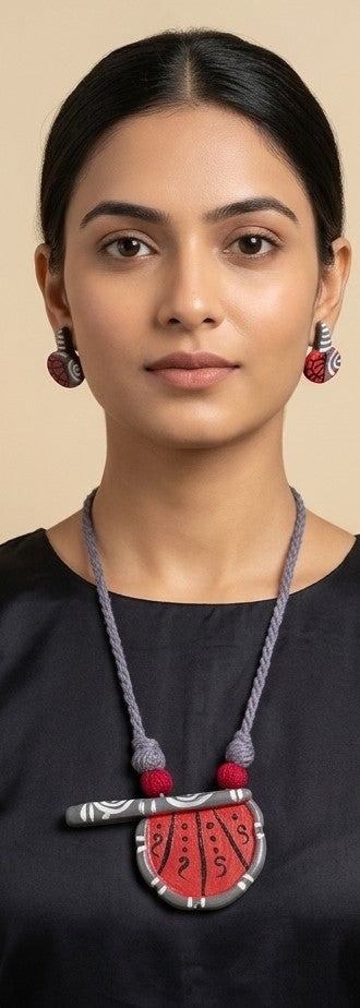 Handcrafted Hand-Fan Clay Pendant Necklace Set with Matching Stud Earrings