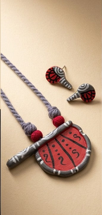 Handcrafted Hand-Fan Clay Pendant Necklace Set with Matching Stud Earrings