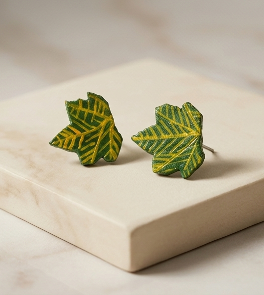 Hand-Etched Terracotta Leaf Stud Earrings