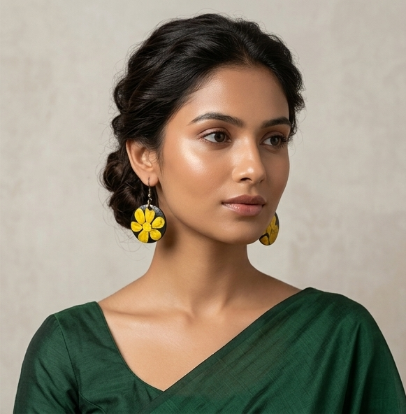 Hand-Painted Terracotta Floral Dangle Earrings