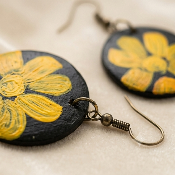 Hand-Painted Terracotta Floral Dangle Earrings