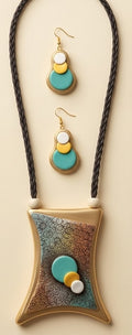 Handcrafted Textured Clay Geometric Pendant Necklace Set with Drop Earrings