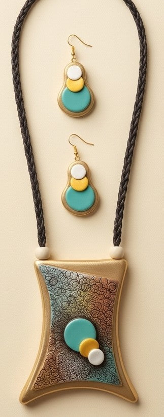 Handcrafted Textured Clay Geometric Pendant Necklace Set with Drop Earrings