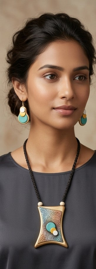 Handcrafted Textured Clay Geometric Pendant Necklace Set with Drop Earrings