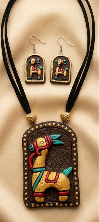 Handcrafted Terracotta Horse Motif Clay Pendant Necklace Set with Drop Earrings