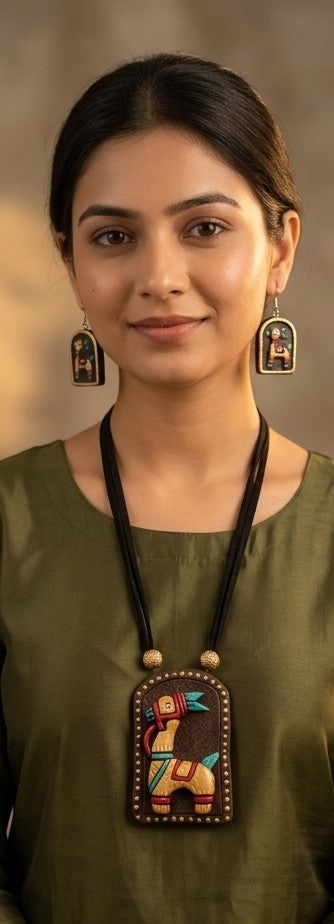 Handcrafted Terracotta Horse Motif Clay Pendant Necklace Set with Drop Earrings