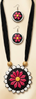 Handcrafted Floral Clay Circular Pendant Necklace Set with Matching Drop Earrings