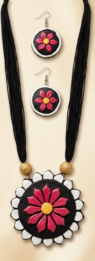 Handcrafted Floral Clay Circular Pendant Necklace Set with Matching Drop Earrings