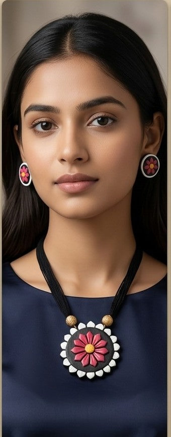 Handcrafted Floral Clay Circular Pendant Necklace Set with Matching Drop Earrings
