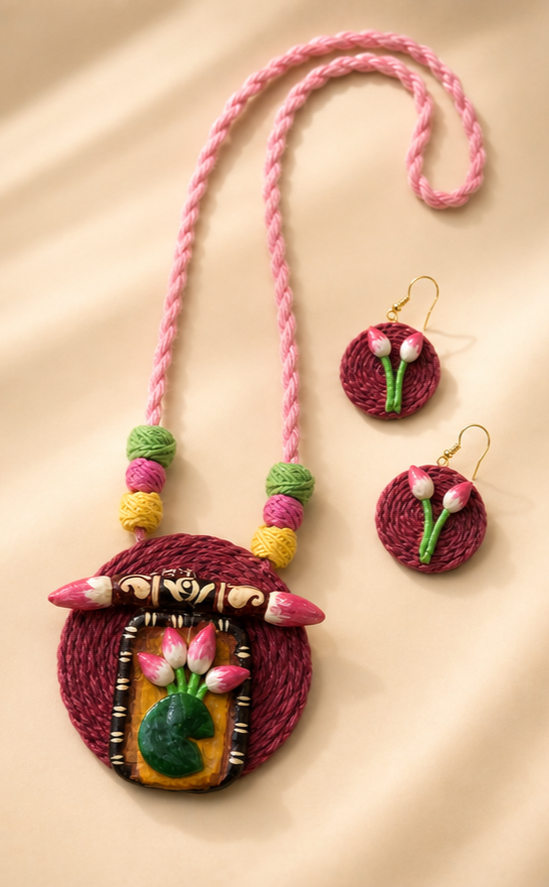 Handcrafted Terracotta & Fabric Lotus Motif Pendant Necklace Set with Matching Earrings