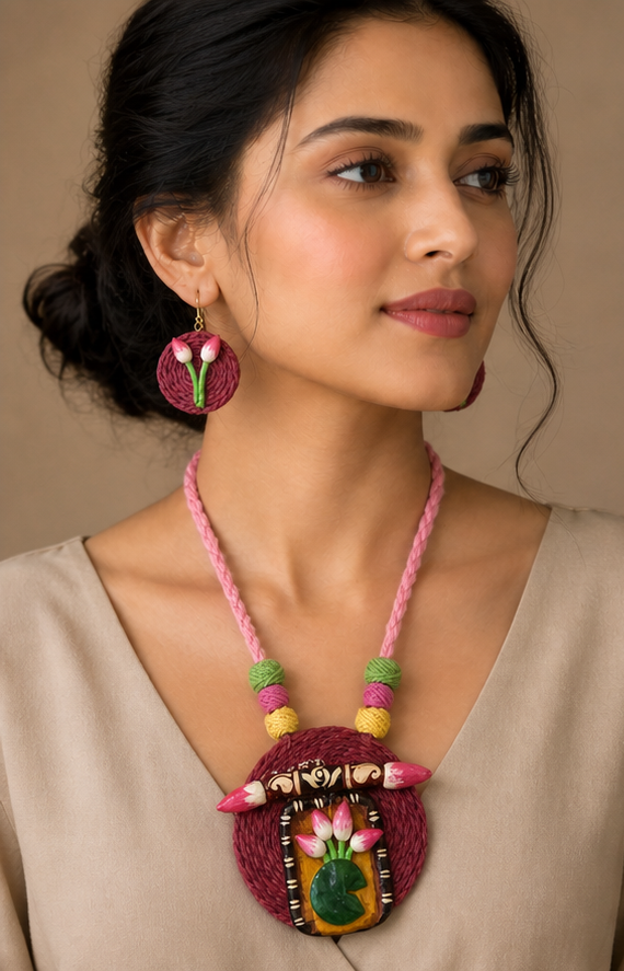 Handcrafted Terracotta & Fabric Lotus Motif Pendant Necklace Set with Matching Earrings