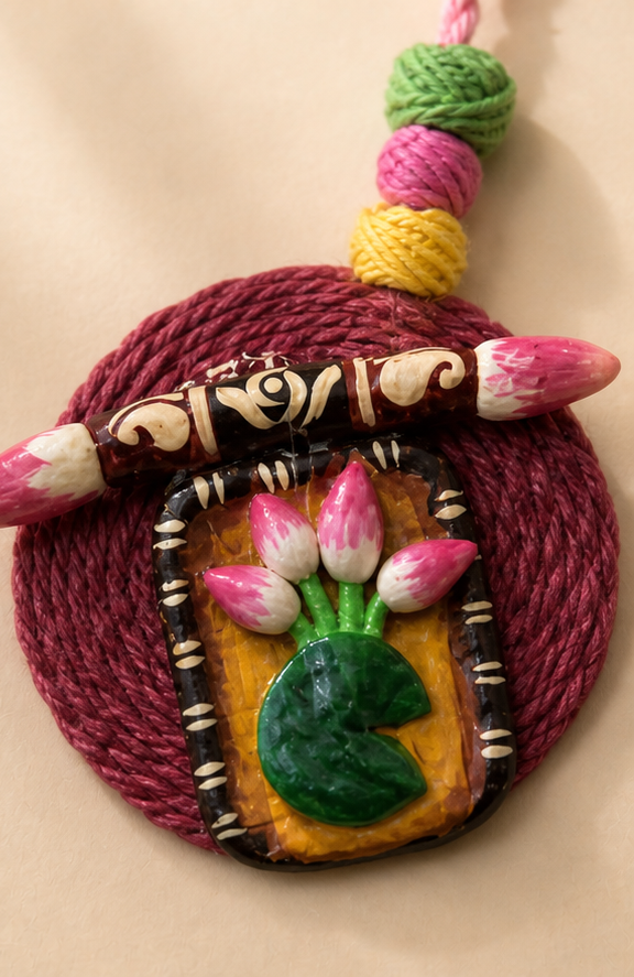 Handcrafted Terracotta & Fabric Lotus Motif Pendant Necklace Set with Matching Earrings