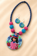 Handcrafted Hand-Painted Figurine Clay Necklace Set with Swirl Earrings