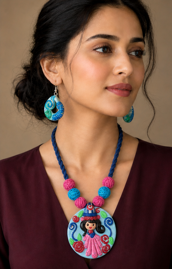 Handcrafted Hand-Painted Figurine Clay Necklace Set with Swirl Earrings