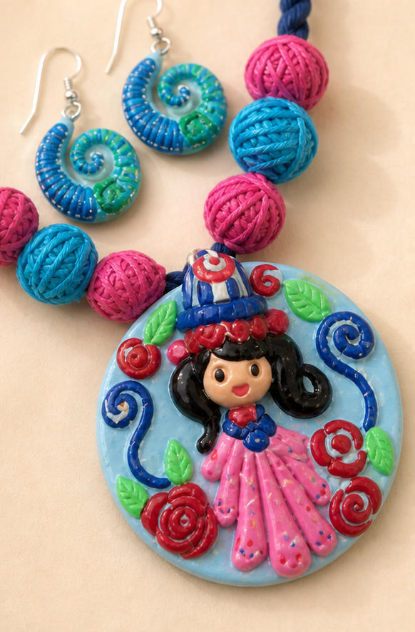 Handcrafted Hand-Painted Figurine Clay Necklace Set with Swirl Earrings