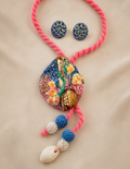 Handcrafted Terracotta & Shell Pendant Necklace Set with Textured Stud Earrings