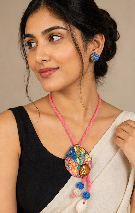 Handcrafted Terracotta & Shell Pendant Necklace Set with Textured Stud Earrings