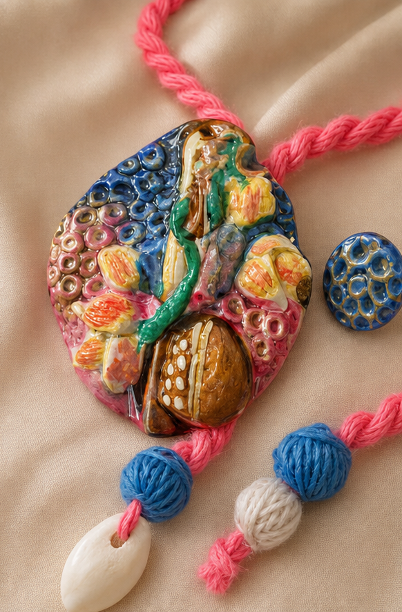 Handcrafted Terracotta & Shell Pendant Necklace Set with Textured Stud Earrings