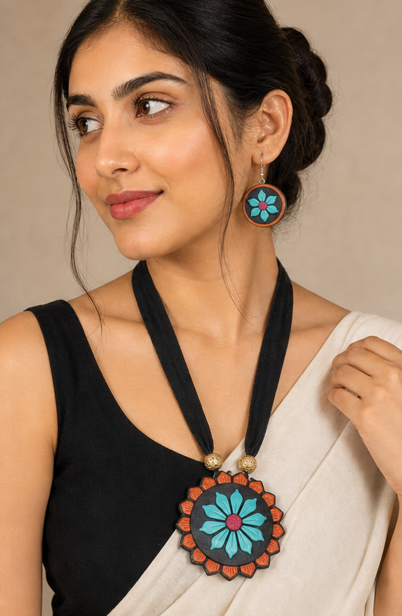 Handcrafted Floral Clay Circular Pendant Necklace Set with Matching Drop Earrings