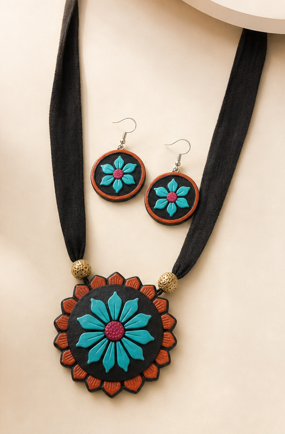 Handcrafted Floral Clay Circular Pendant Necklace Set with Matching Drop Earrings