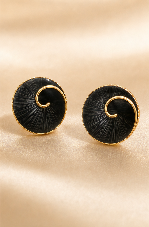 Black Spiral Textured Circular Stud Earrings