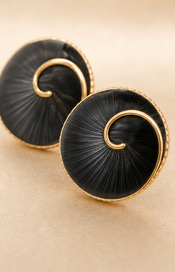 Black Spiral Textured Circular Stud Earrings