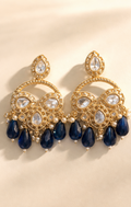 Golden Kundan Chandbali Earrings with Sapphire-Blue Crystal Drops