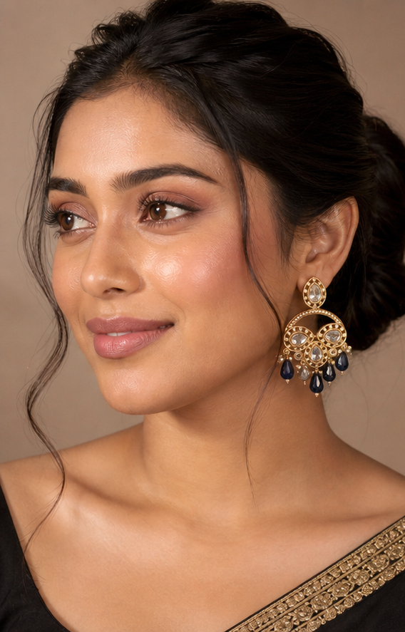 Golden Kundan Chandbali Earrings with Sapphire-Blue Crystal Drops