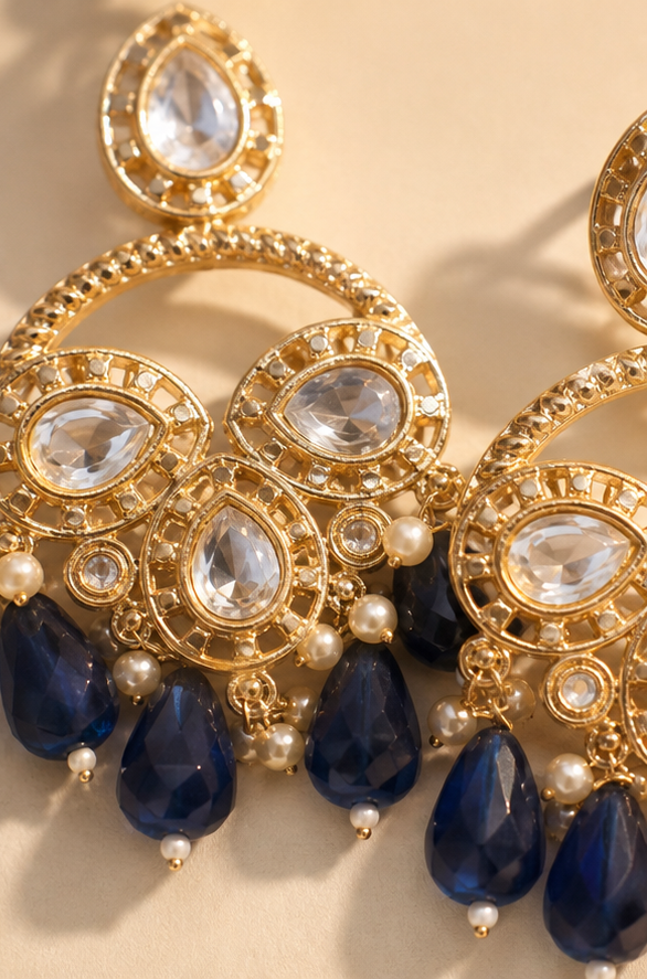 Golden Kundan Chandbali Earrings with Sapphire-Blue Crystal Drops