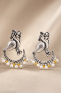 Silver Replica Peacock Chandbali Earrings with Pearl & Amber Bead Fringe