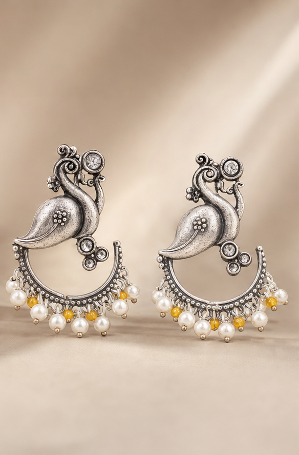 Silver Replica Peacock Chandbali Earrings with Pearl & Amber Bead Fringe