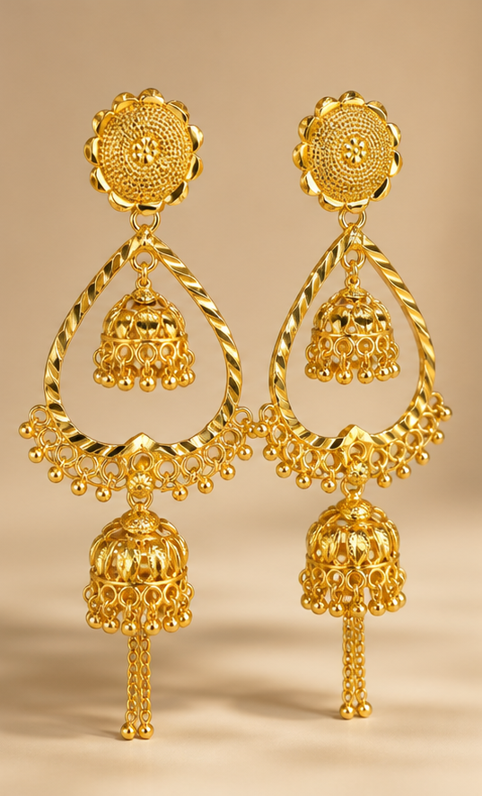 Gold Plated Dual-Tier Jhumka Teardrop Statement Earrings